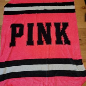 PINK Victoria's Secret Plush Blanket - Hot Pink w/ Black & White Stripes 49 x 58